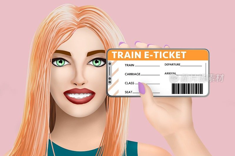 概念列车电子票(electronic ticket)。画在彩色背景上的可爱女孩。插图